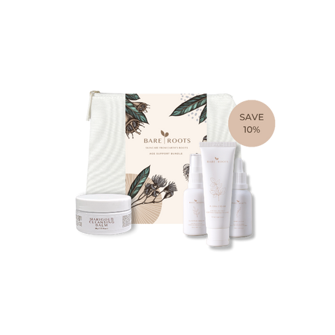Age Support Bundle with Flora Cream, Marigold Cleansing Balm, and Curative Serum arranged on a neutral background