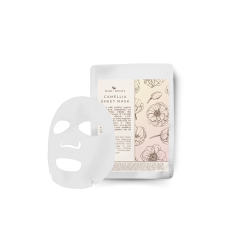 Camellia Sheet Mask packet displayed upright on a clean, light background