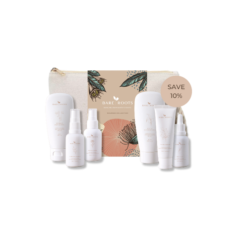 Full Nourish Collection set featuring Bare Roots skincare essentials arranged together on a light background.