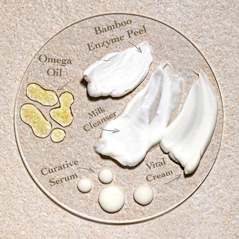 Swatches of Bare Roots Nourish Collection products neatly displayed on a glass tray with each product name labeled.
