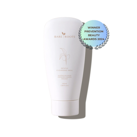 Bare Roots Gentle Cleansing Milk bottle with white background.