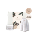 Bare Roots skincare gift set featuring a white jar of Hyalucho Balm, three white tubes and sprayers, and a decorative pouch, displayed with promotional badges on a white background.