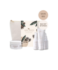 Bare Roots Hair Support Bundle featuring a beige canvas pouch, a white hair mask jar, a tube of hair oil, and three small bottles, arranged in front of a matching illustrated card. Two promotional badges on the right read 'SAVE $32' and 'BAG OUT OF STOCK'.