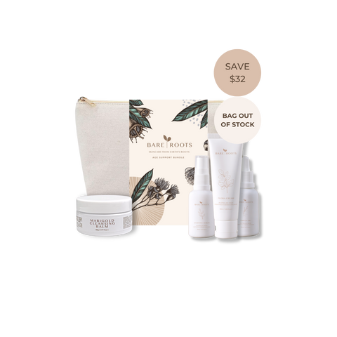 Bare Roots Hair Support Bundle featuring a beige canvas pouch, a white hair mask jar, a tube of hair oil, and three small bottles, arranged in front of a matching illustrated card. Two promotional badges on the right read 'SAVE $32' and 'BAG OUT OF STOCK'.