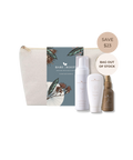 Bare Roots hair care gift set featuring a beige canvas pouch, a blue floral insert card, a white pump bottle, a white tube, and a brown spray bottle, with promotional badges reading 'SAVE $23' on a white background.