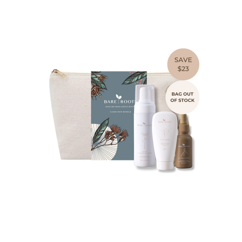 Bare Roots hair care gift set featuring a beige canvas pouch, a blue floral insert card, a white pump bottle, a white tube, and a brown spray bottle, with promotional badges reading 'SAVE $23' on a white background.