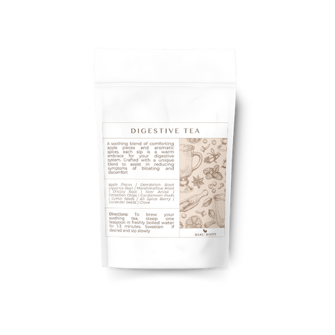 Bare Roots Digestive Tea pouch standing against a light background.