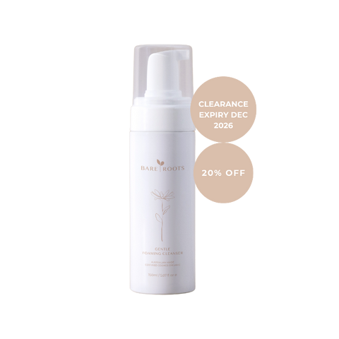 White bottle with 'Bare Roots' branding on a white background, featuring clearance and discount information.