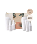 Bare Roots Hormone Regulation Collection set featuring white skincare bottles and tubes arranged in front of a beige canvas zip pouch with botanical illustrations. Two promotional badges on the right read 'SAVE 10%' and 'BAG OUT OF STOCK'.