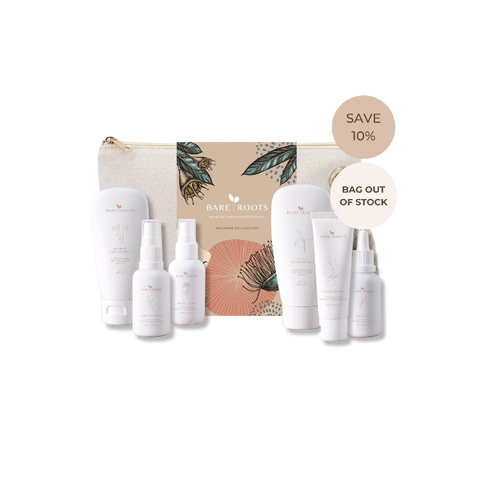 Bare Roots Hormone Regulation Collection set featuring white skincare bottles and tubes arranged in front of a beige canvas zip pouch with botanical illustrations. Two promotional badges on the right read 'SAVE 10%' and 'BAG OUT OF STOCK'.