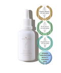 White bottle with dropper labeled 'bare roots' on a white background with multiple award logos.