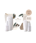 Bare Roots Smoother and Skin Balm Bag Out of Stock offer, featuring a beige zippered pouch with botanical illustrations, a white bottle, a white pump bottle, and a white tube, displayed on a clean white background with promotional text badges.
