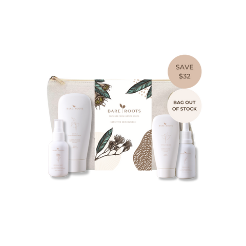Bare Roots Smoother and Skin Balm Bag Out of Stock offer, featuring a beige zippered pouch with botanical illustrations, a white bottle, a white pump bottle, and a white tube, displayed on a clean white background with promotional text badges.