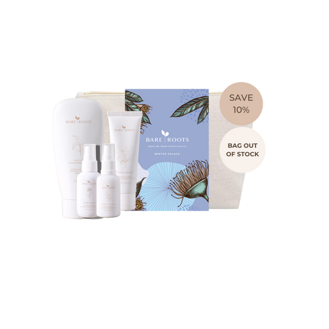 Bare Roots Water Soluble facial kit including a white bottle, tube, and spray bottle arranged in front of a blue floral box, with two circular badges reading 'SAVE 10%' and 'BAG OUT OF STOCK' on a white background.