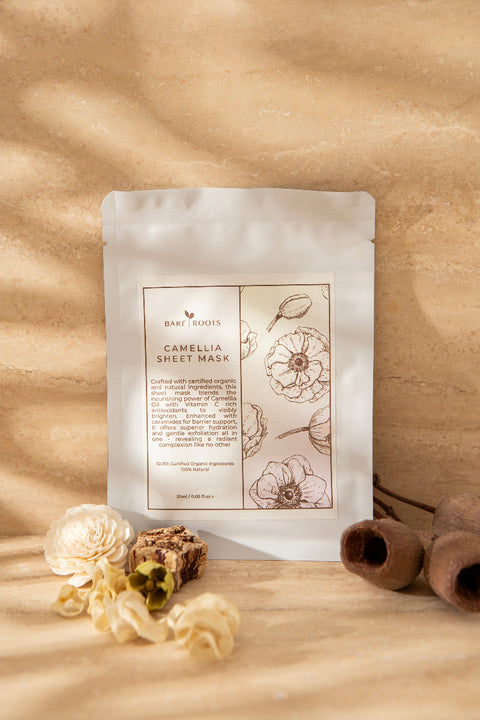 Bare Roots Camellia Sheet Mask sachet on natural backdrop — antioxidant treatment for radiant skin