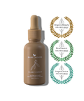 Brown serum bottle with dropper labeled 'Bare Roots' on a white background with award logos.