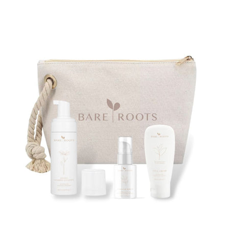 Bare Roots Clear Skin Bundle with branded canvas travel pouch — natural skincare for acne-prone skin