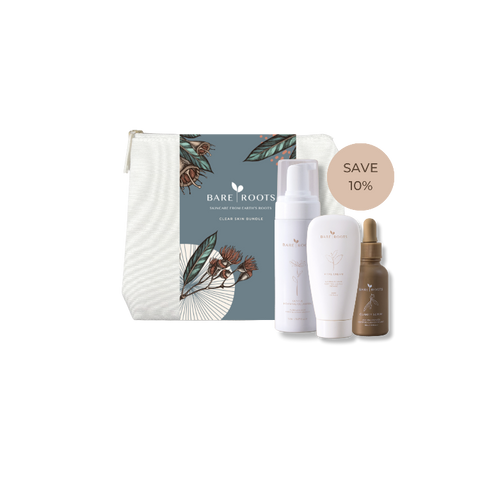 Bare Roots Clear Skin Bundle hero — Gentle Foaming Cleanser, Clarity Serum, Vital Cream with travel case