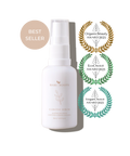 White serum bottle with awards on a white background