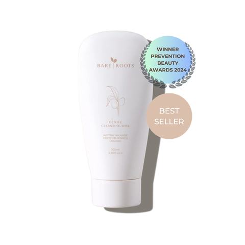 Bare Roots Gentle Cleansing Milk bottle with white background.