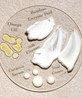 Swatches of Bare Roots Nourish Collection products neatly displayed on a glass tray with each product name labeled.