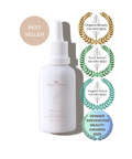 White bottle with dropper labeled 'bare roots' on a white background with multiple award logos.