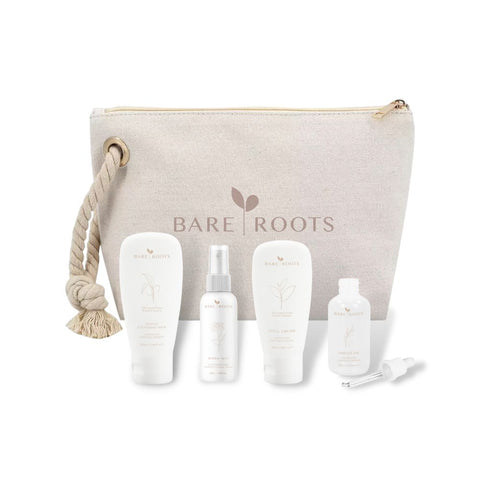 Bare Roots Sensitive Skin Bundle with branded canvas travel pouch — calming four-product skincare set