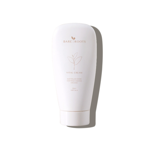 Bare Roots Vital Cream tube shown against a light background, representing its essential, barrier-restoring formula.