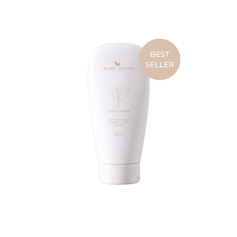 A white squeeze tube of Bare Roots Vital Cream with a beige 'BEST SELLER' badge overlay on the top right, set against a plain white background.