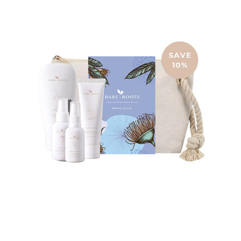 Skincare set with 'Bare Roots' branding on a white background