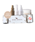 Collection of Bare Roots skincare products including bottles, a jar, and a box on a white background.