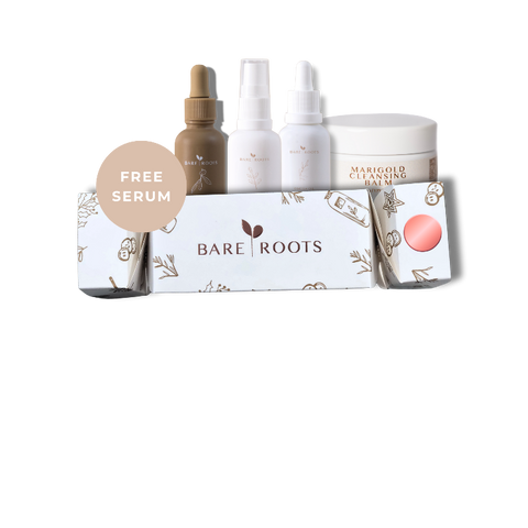 Collection of Bare Roots skincare products including bottles, a jar, and a box on a white background.