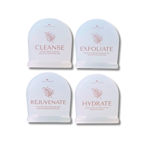 Four skincare glove shelf talkers labeled 'Cleanse', 'Exfoliate', 'Rejuvenate', and 'Hydrate' on a white background.