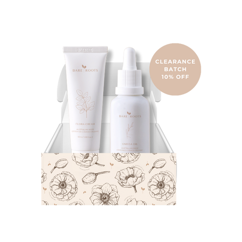 Skincare set with bottles and a floral-patterned box on a white background