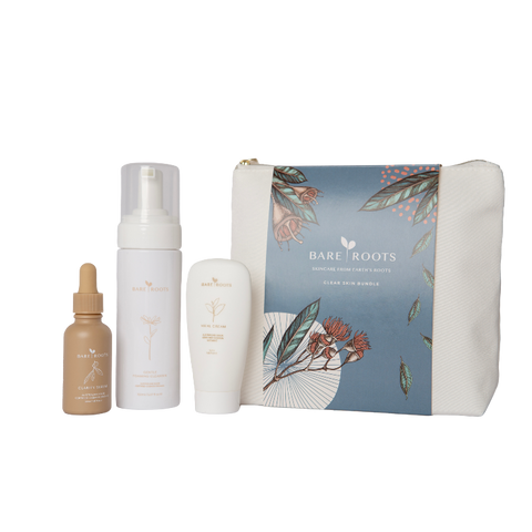 Skincare product set with bottles and a pouch on a transparent background