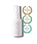 White serum bottle with awards on a white background