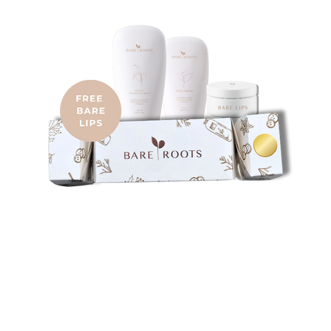 bare roots bon bon with products standing behind it