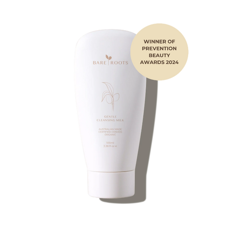 Bare Roots Gentle Cleansing Milk bottle with white background.