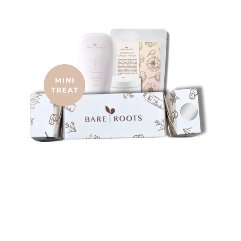 Bare Roots mini treat package with skincare products on a white background