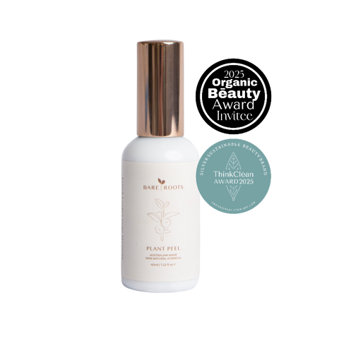 Bottle of Bare Roots plant peel with Organic Beauty Award and ThinkClean Award badges on a white background