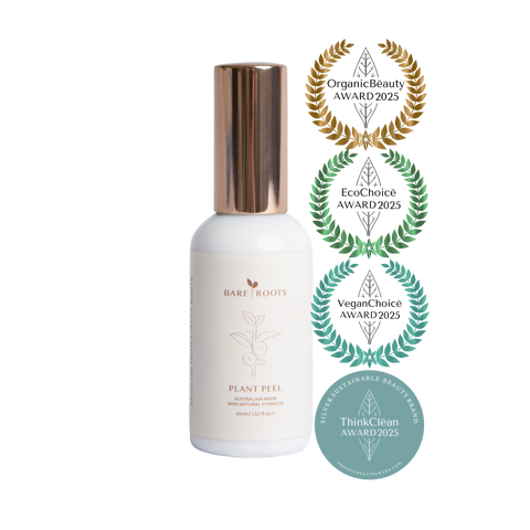 plant peel bottle, gold cap with award badges